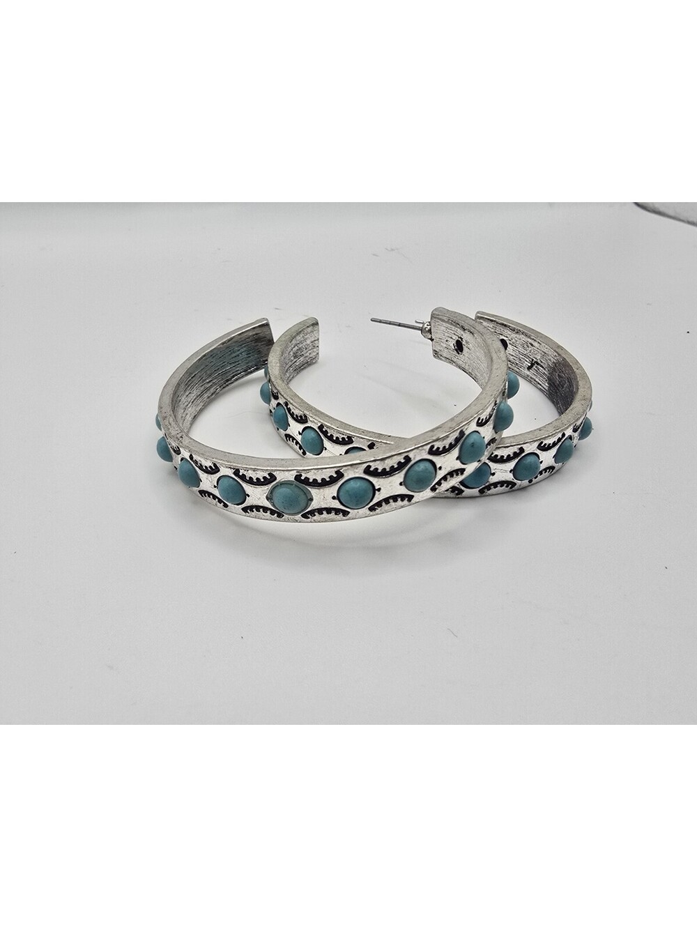 Silver Tone Hoop Earrings Faux Turquoise Studded Stamped Western Southwest Boho